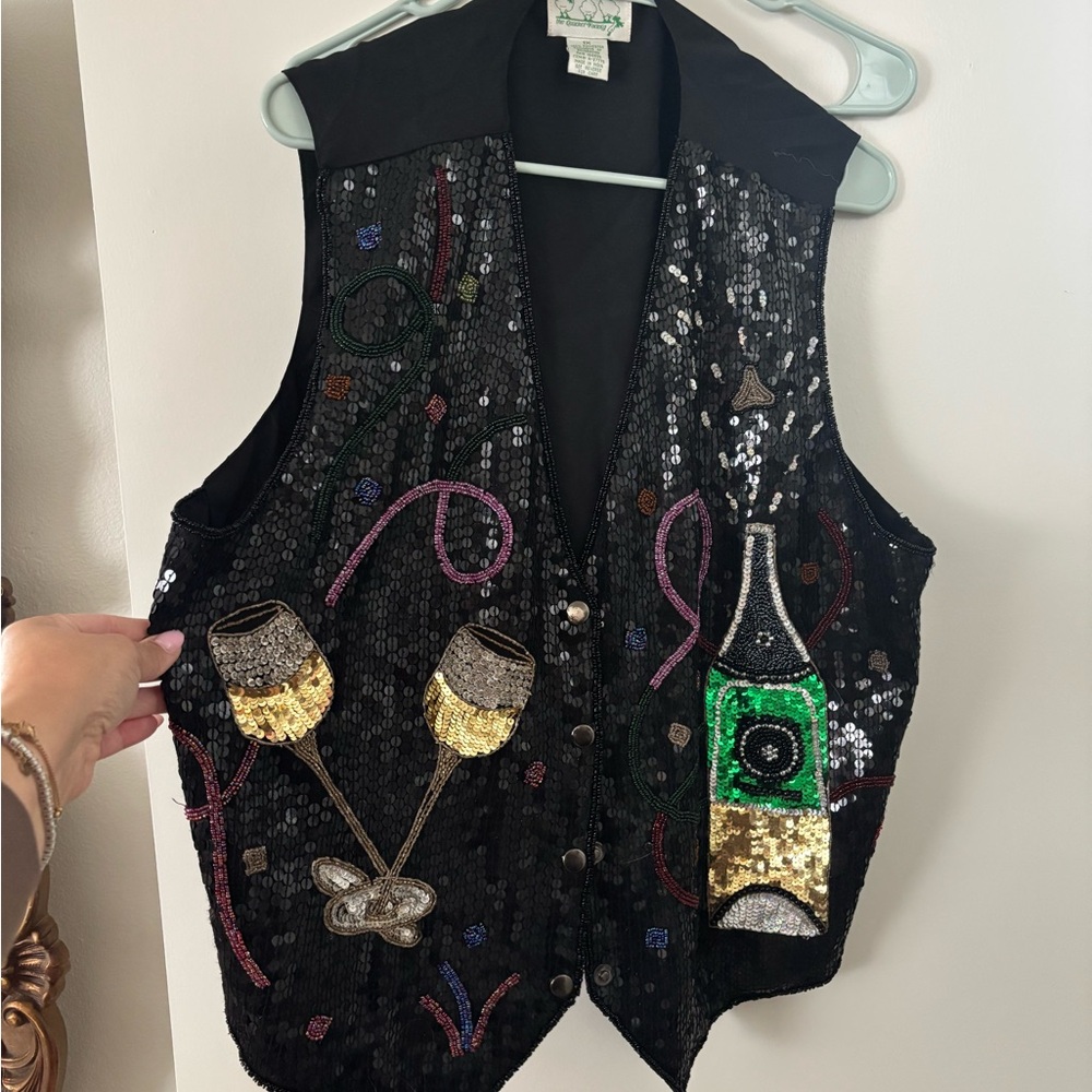 Quacker Factory Black Sequin Vest with Festive Design